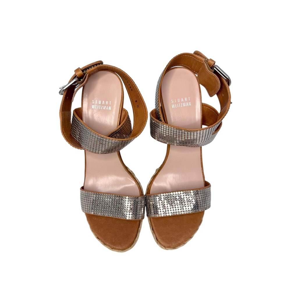 Stuart Weitzman Vintage Tan Leather Silver Chainmail Espadrille Wedge 8M W69188 - Picture 8 of 14